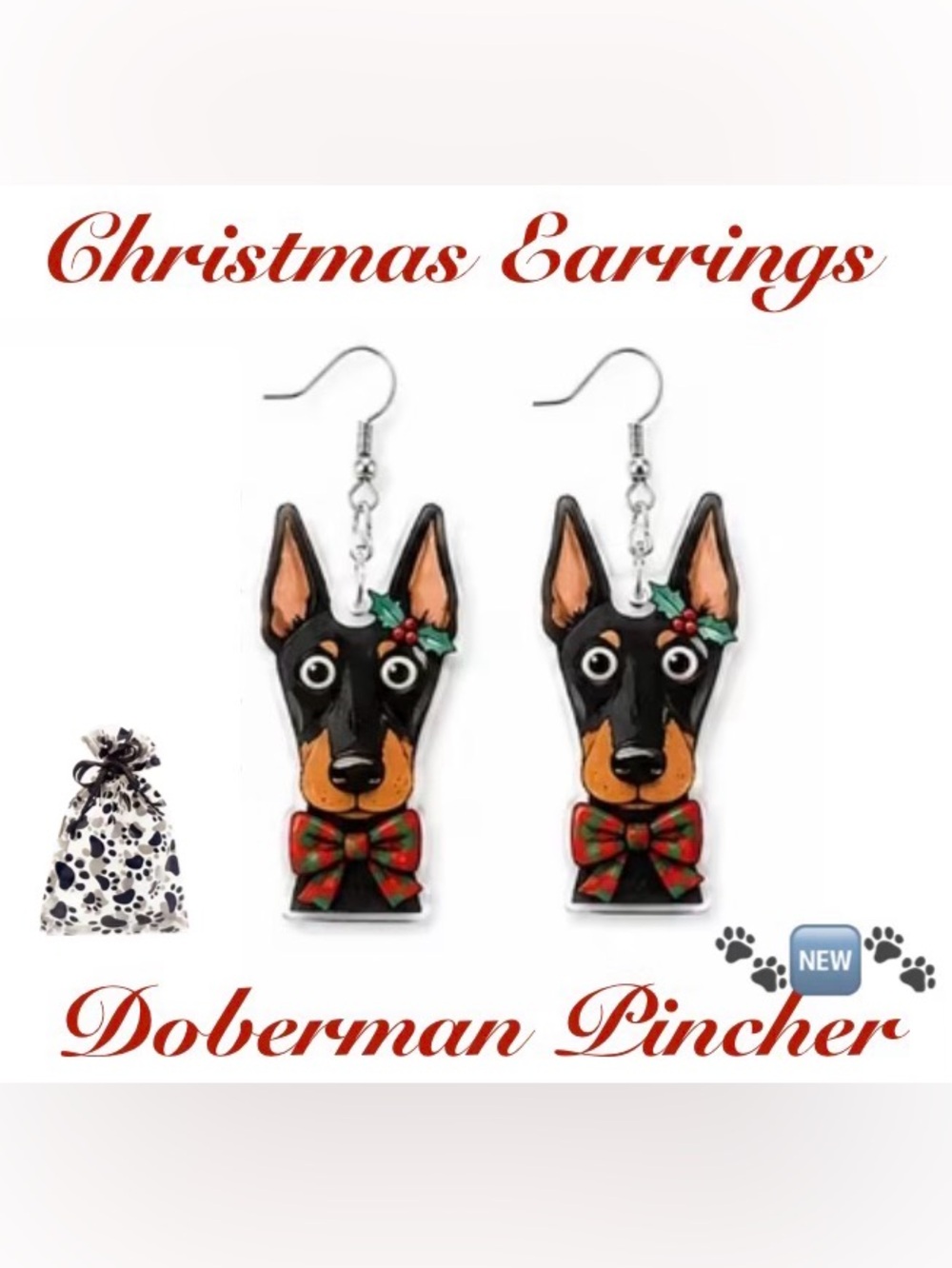 Doberman Pincher Black & Tan Earrings - Holiday Design🐾🆕🐾W/Paw Print Bag